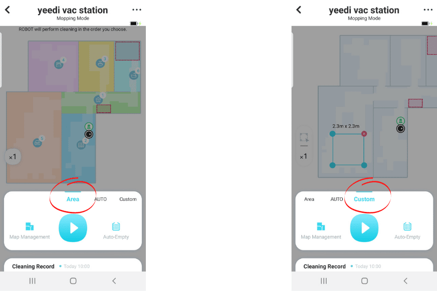 Einzelraumreinigung wird in der Yeedi App ausgewählt.